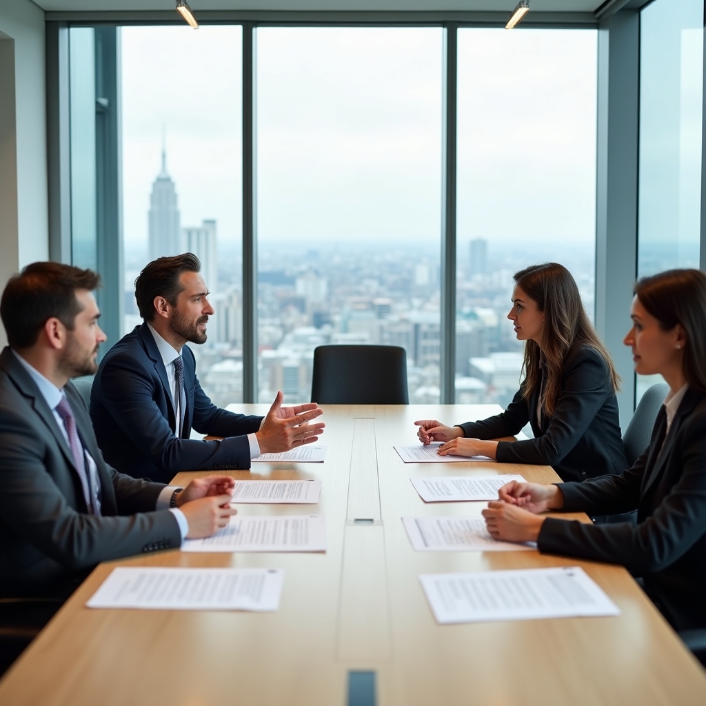 Equipo revisando documentos de estándares de calidad en una mesa de reuniones